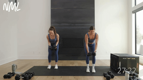 two women performing a dumbbell back fly and straight arm pull back in a back and shoulder workout