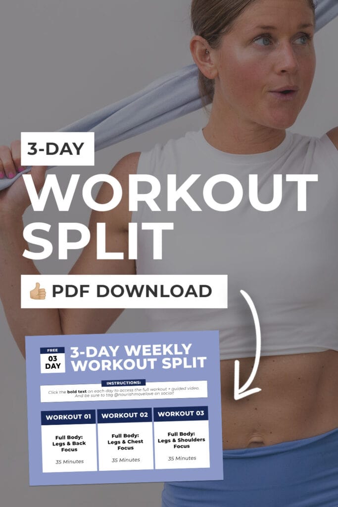 woman flexing with 3 day split workout plan overlaid