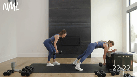 woman performing an incline plank and single arm row and woman performing single arm back rows from standing