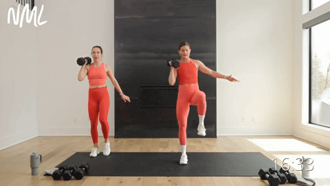 two women performing a lateral lunge and dumbbell back row and clean in a full body workout