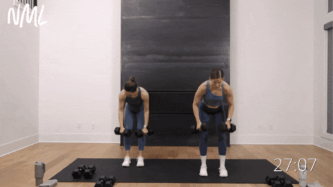 two women performing dumbbell back rows as part of arm workout routine