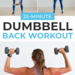 Pin for Pinterest back workout for women - shows woman performing a back row