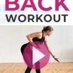 Pin for Pinterest back workout for women - shows woman performing a back row