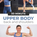 Collage of woman performing 3 back and shoulder exercises