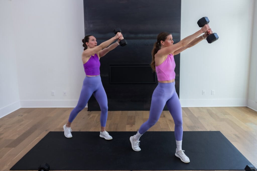 two women performing a dumbbell chop as part of core circuit workout