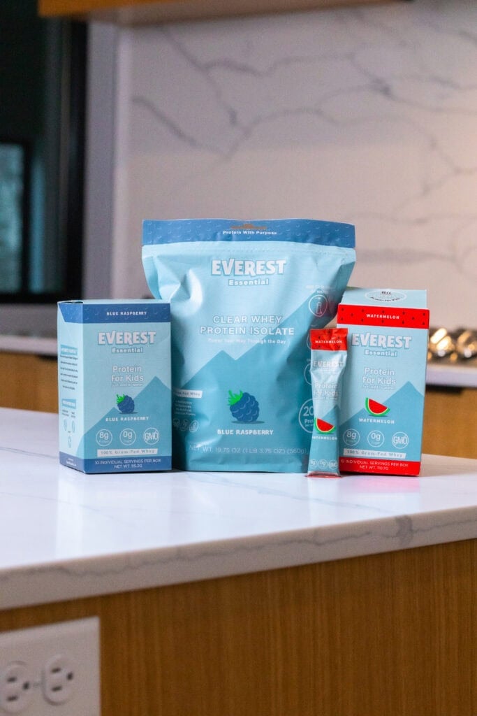 Everest essential protein water for kids. Flavors including watermelon and blueberry.