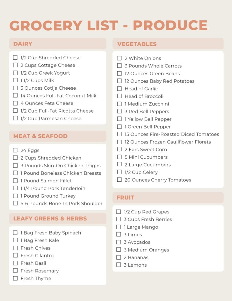 Produce grocery list including dairy, vegetables, meat and seafood, leafy greens and herbs, and fruit. 