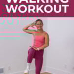 woman performing indoor walking exercises with text overlay