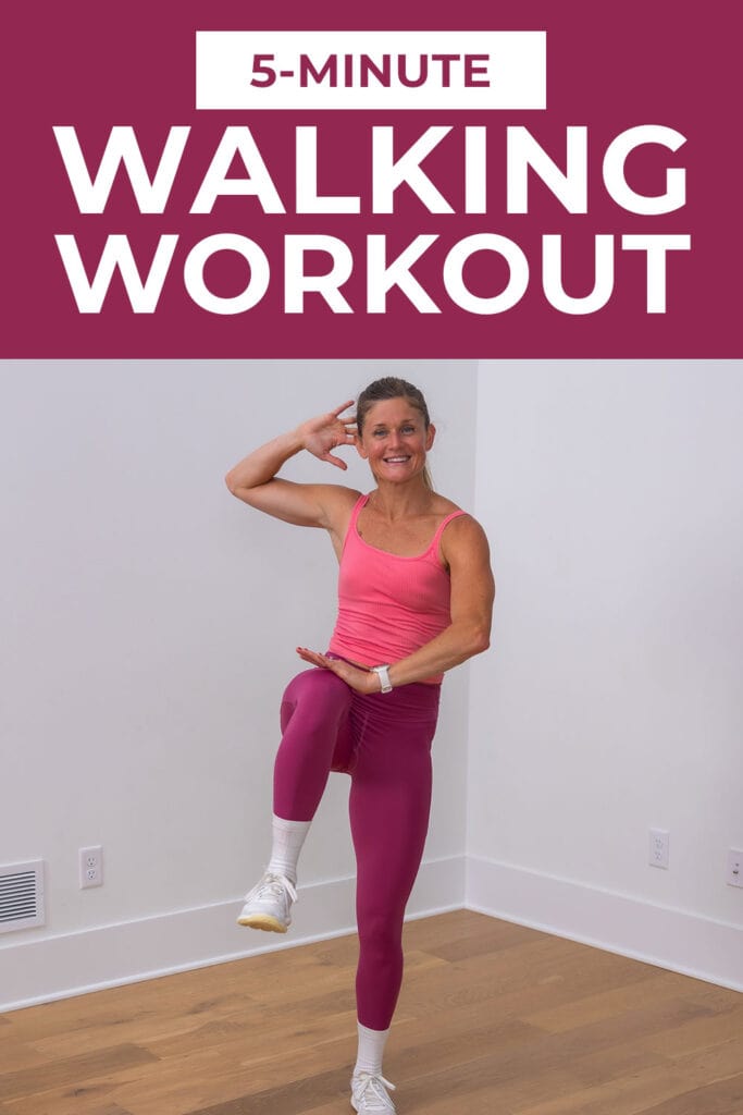 woman performing indoor walking exercises with text overlay