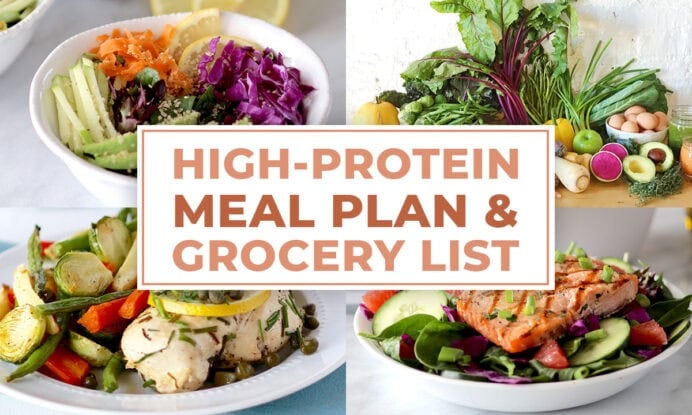 four examples of meals from high protein meal plan with text overlay