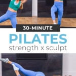 collage of woman performing 3 barre pilates exercises