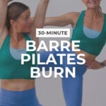 collage of woman performing 2 barre pilates exercises