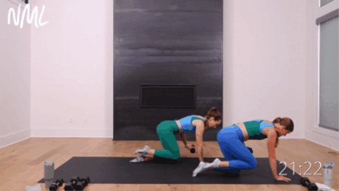 two women performing a reverse bird dog row as part of barre pilates hiit workout